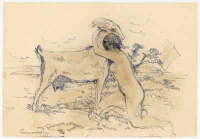 dessin représentant un chien et une chèvre dans un champ, avec des arbres en arrière-plan