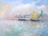 pastel painting of a river scene with a boat in the foreground