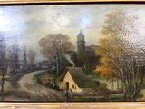 une peinture à l'huile représentant une scène de village avec une église en arrière-plan