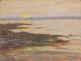 an oil painting of a sunset over a body of water