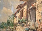 an image of a painting of a woman sitting outside of a house
