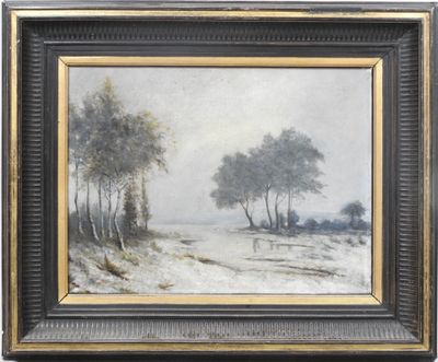 une peinture à l'huile représentant un paysage enneigé avec des arbres au premier plan