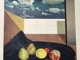 an image of a painting of fruit on a cloth with clouds in the background