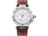 a close up of a watch on a white background with a brown strap