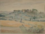 painting of a hilly landscape with trees and hills in the distance