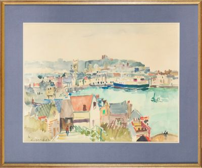 aquarelle encadrée représentant une scène de port avec des bateaux et des bâtiments