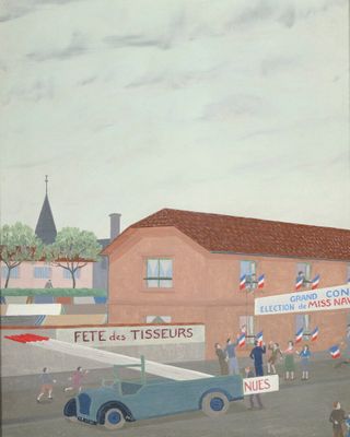 painting of a street scene with people and cars in front of a building