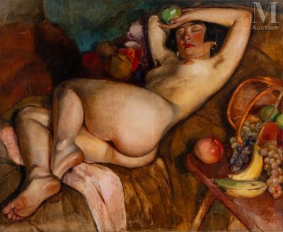 painting of a nude woman laying on a couch with fruit on the table