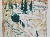 l'image d'un dessin d'un paysage avec des arbres au premier plan