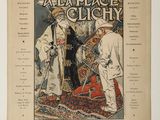 an old book with a picture of a man and a woman on a carpet