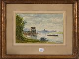 an oil painting of a boat on a river with a bridge in the background