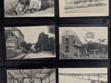 several black and white photographs of people and buildings in a black and white photo