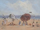 a painting of people on the beach with umbrellas