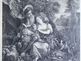 an old black and white drawing of a woman and a child in a wooded area