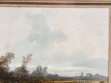 a painting of cows grazing in a field by the water