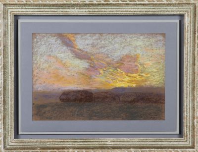 une image représentant un tableau représentant un coucher de soleil sur un champ