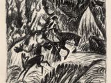 an image of a drawing of a man riding a horse in the woods