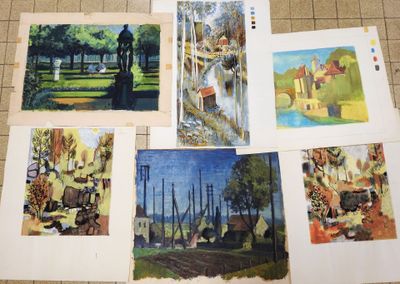 several pictures of paintings are displayed on a tile floor in a room