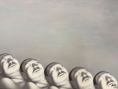 un tableau représentant un groupe de têtes sur lesquelles sont peints des visages