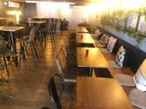 many tables and chairs in this restaurant with a plant on the wall