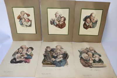 four antique prints of old family portraits on a white background