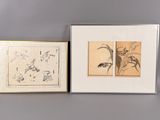deux dessins encadrés représentant des oiseaux et des fleurs sur un fond gris