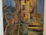 an oil painting of a building on a white shelf next to a wall