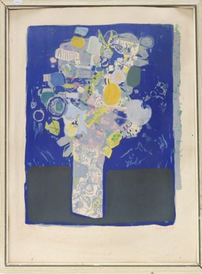 painting of a vase of flowers on a blue background in a white frame