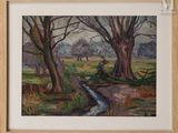 painting of a stream running through a field with trees in the background