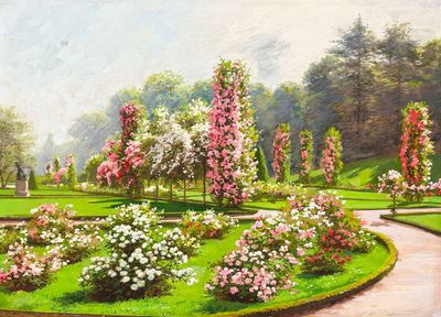 un tableau représentant un jardin avec des fleurs