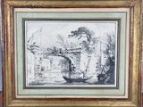 painting of a bridge over a river with a man in a boat