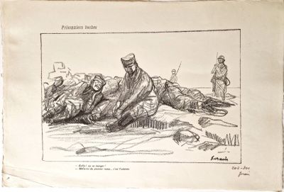 dessin représentant un groupe de soldats se reposant à même le sol dans le désert
