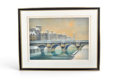 an image of a painting of a bridge over a body of water