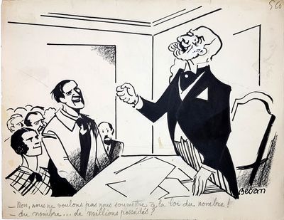 drawing of a cartoon of a man in a tuxedo talking to a man in a tuxedo