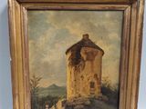 une vieille peinture représentant un bâtiment avec une vache au premier plan