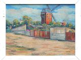 a painting of a windmill on the side of the road