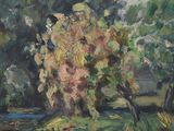 une peinture d'un arbre au milieu d'un champ