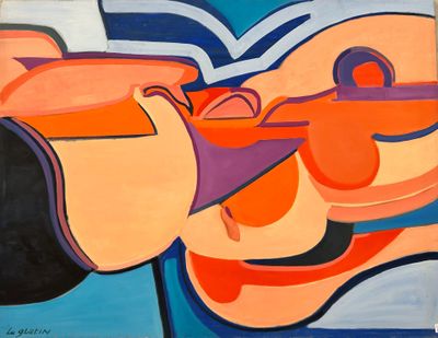 peinture abstraite représentant un homme tenant une guitare et la main d'une femme