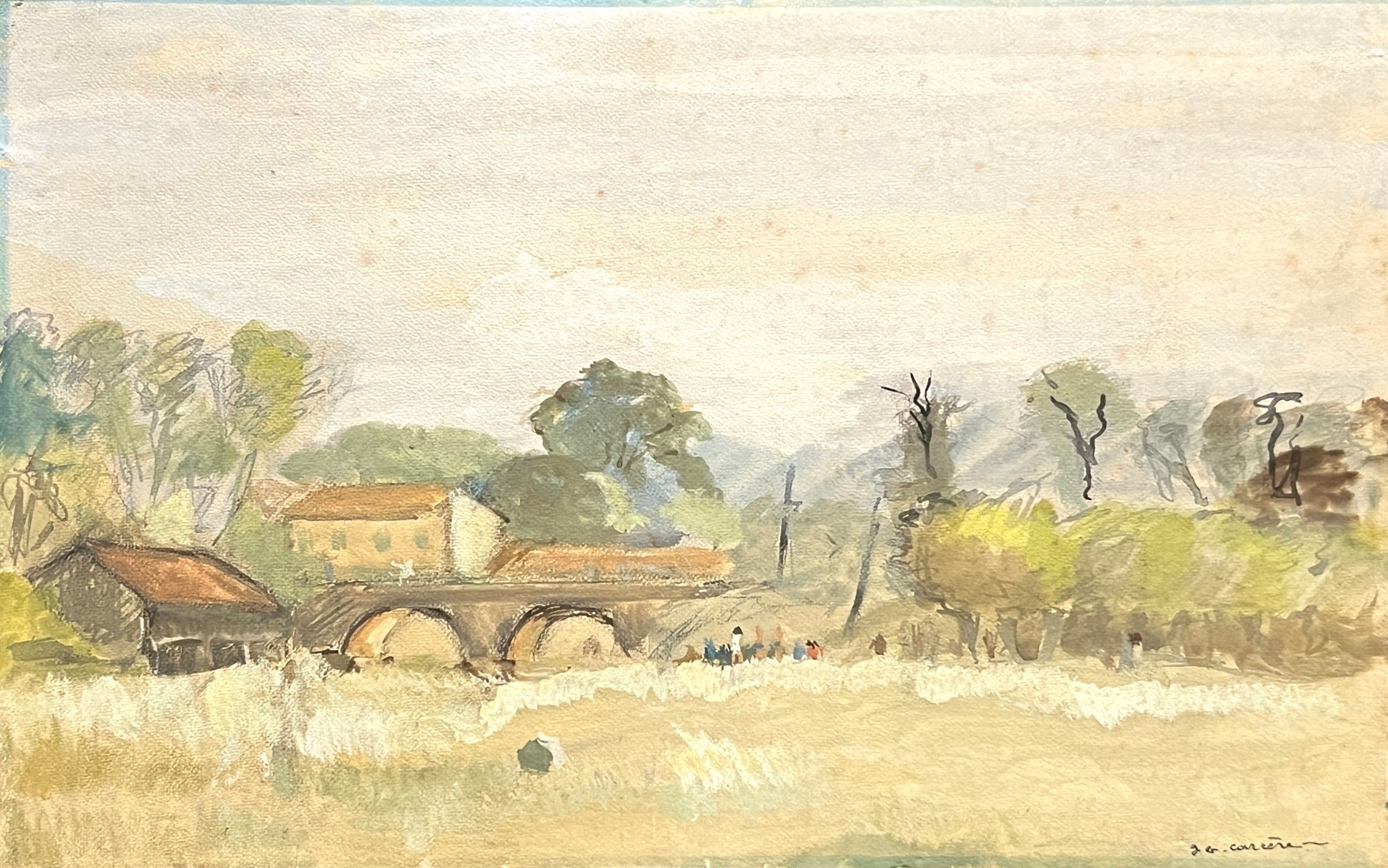 Jean Gérard CARRERE (1922-2015). Paysage au pont. Aquarelle gouachée sur carton. Signé en bas à droite. 32 x 50 cm. N...
