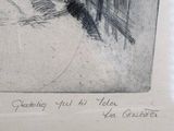 drawing of a person walking a dog on a leash in the snow
