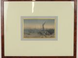framed picture of a painting of boats on the water in a harbor