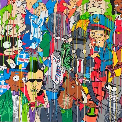 peinture représentant un grand groupe de personnages de dessins animés, peinte sur un mur