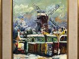 an oil painting of a windmill on a snowy day