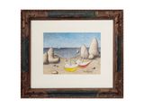painting of a boat on a beach with rocks and a blue sky in the background