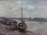 a painting of a boat on the water near a dock