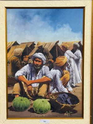 painting of a man sitting in front of a tent with watermelons in front of him