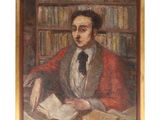 tableau représentant un homme assis à une table, un livre devant lui