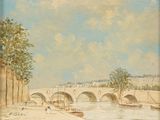 une peinture représentant un pont au-dessus d'une étendue d'eau