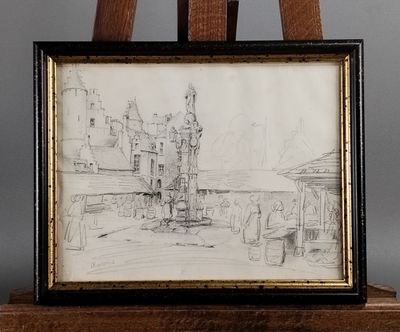 dessin représentant une scène de rue avec une tour horloge en arrière-plan