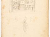 an old book with a drawing of a man standing in front of a building